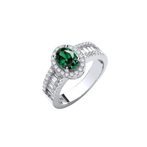 Oval Green CZ with Baguette & Round CZs on Shoulder Silver Ring