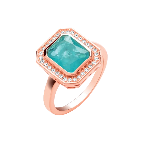 Green Natural Stone & Glass Emerald Cut RG Plated Silver Ring