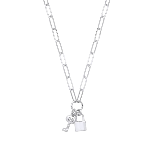 Silver Paper Clip & CZ Key Necklace