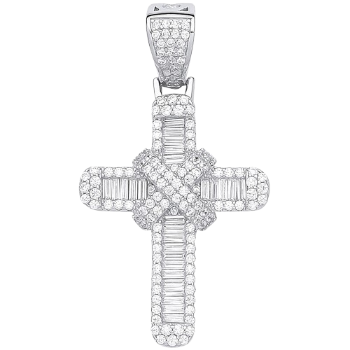 Silver Round & Baguette CZs Kiss Cross