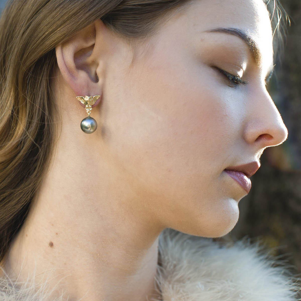 Yellow Gold & Grey Tahiti Pearl Owl Stud Earrings image 2