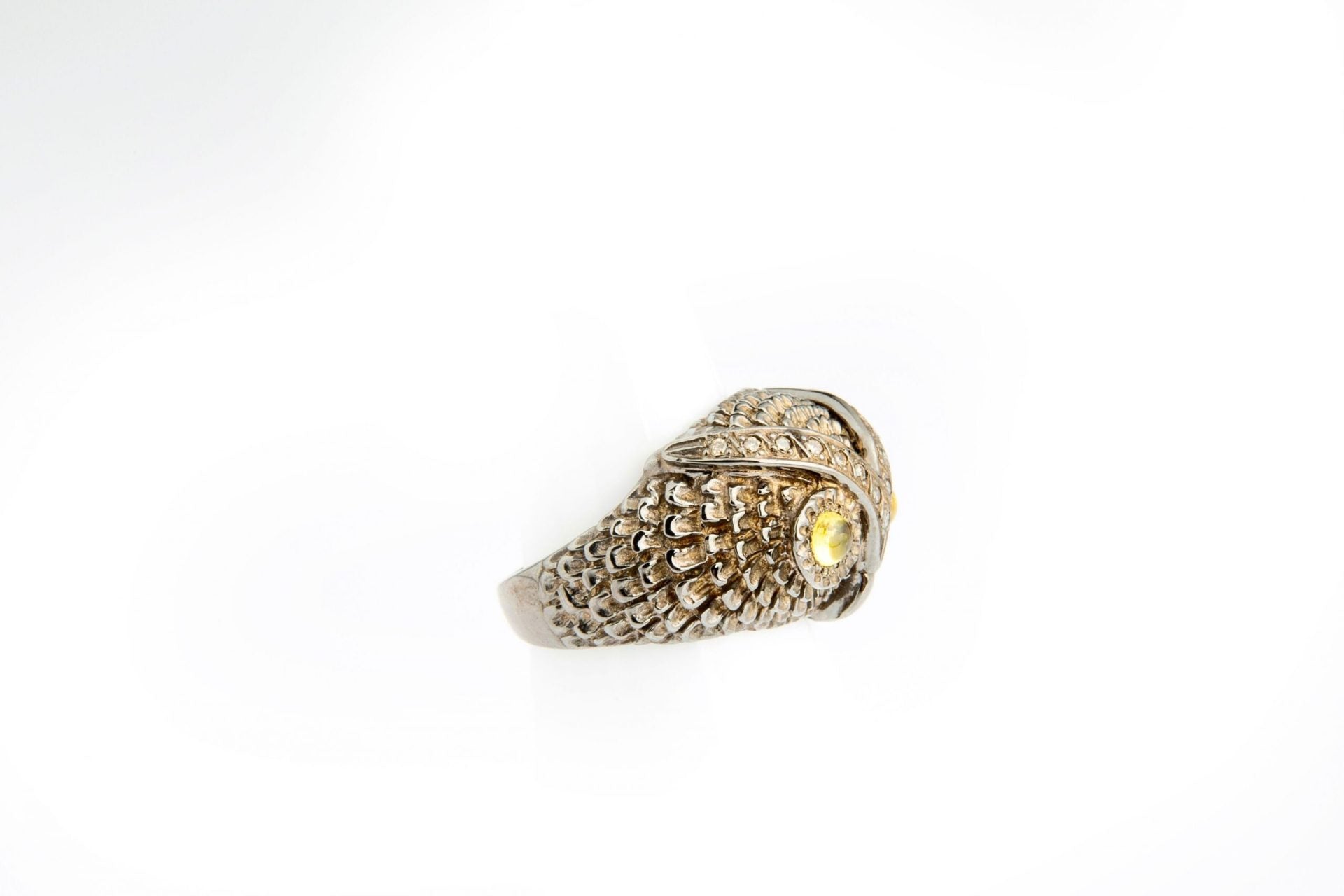 Silver, Diamond & Citrine Cabochon Owl Ring image 1