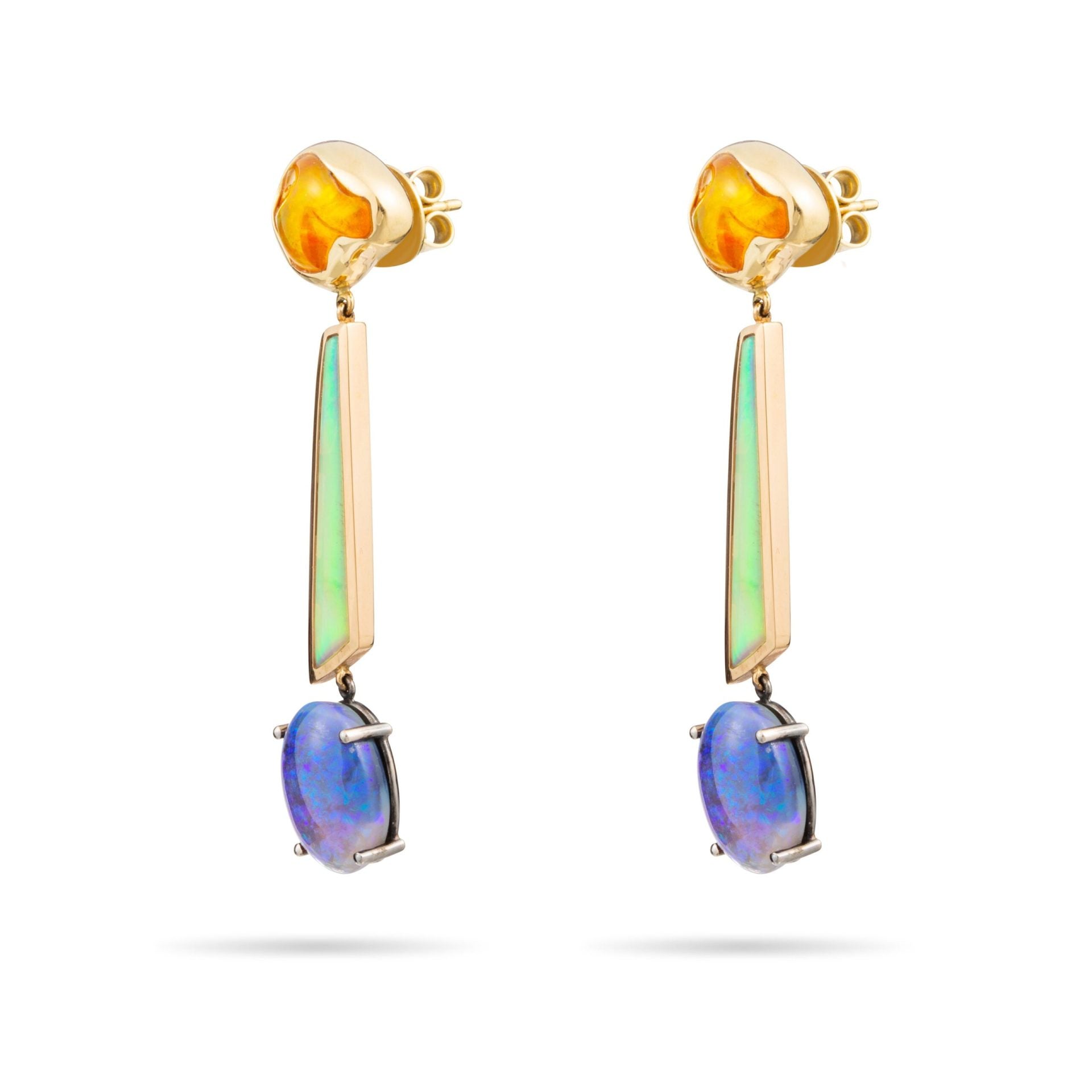Black, White and Fire Opal Earrings in Yellow Gold 18K image 1