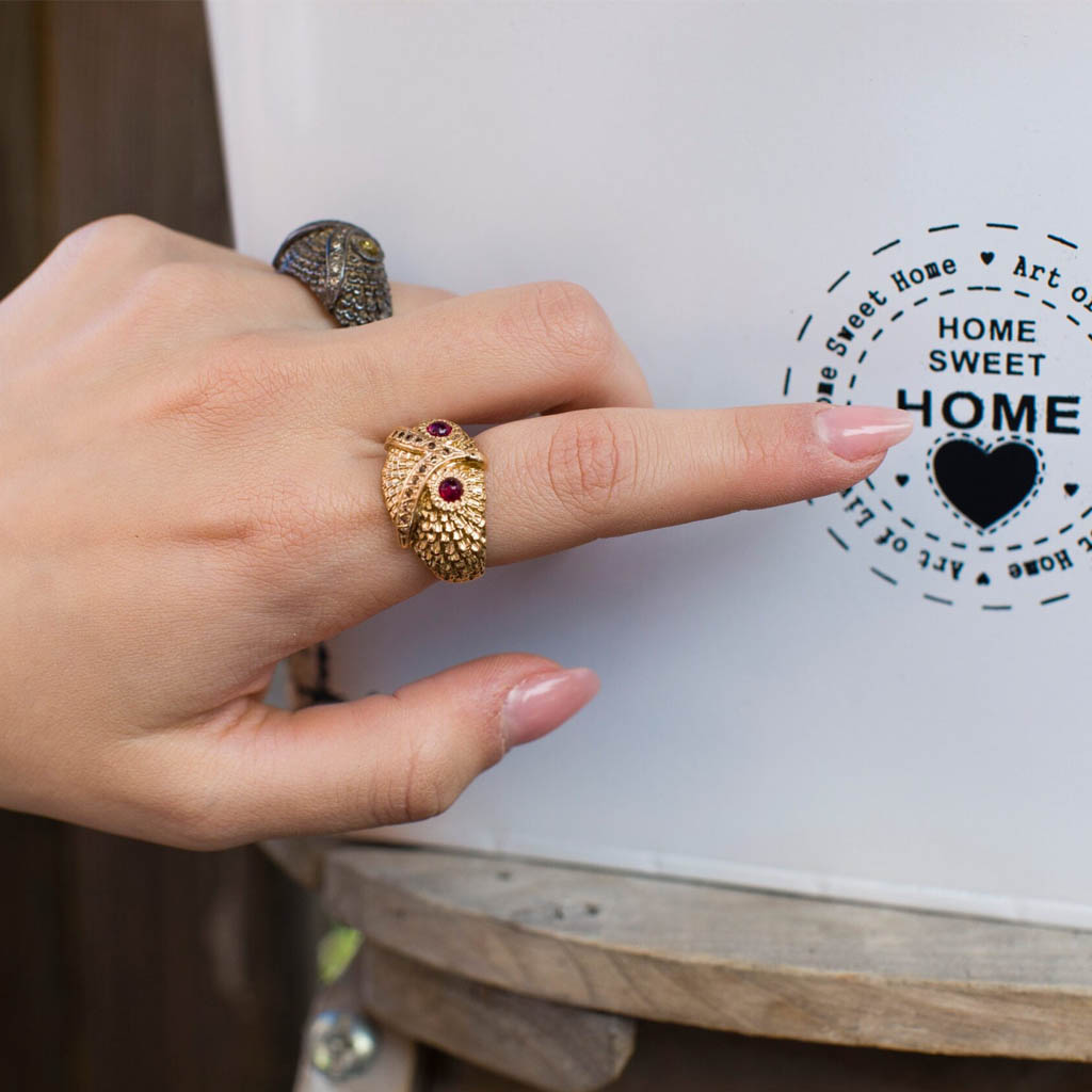 Yellow Gold, Diamond & Chrysoberyl Owl Ring image 4