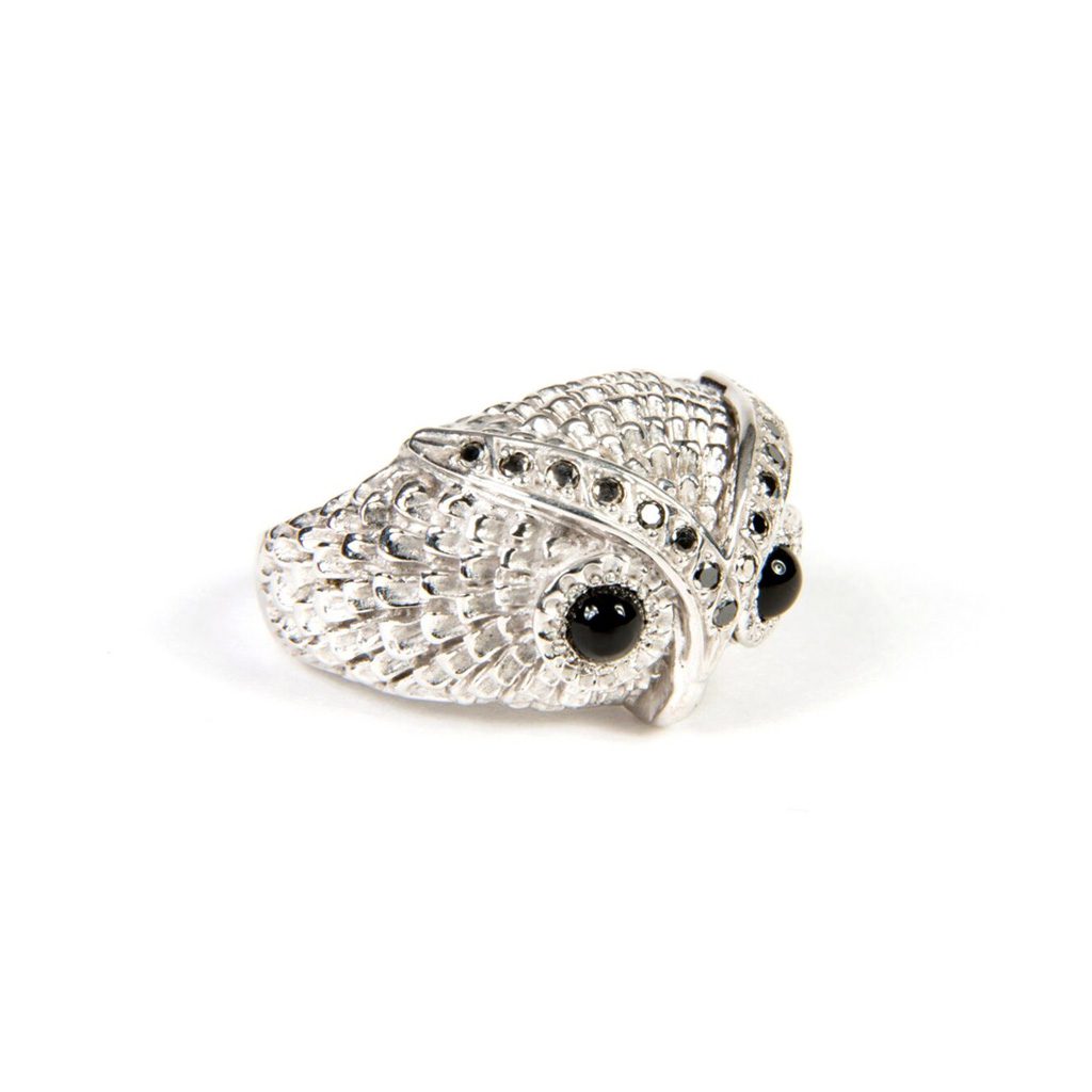 Silver, Black Diamond and Onyx Owl Ring image 2
