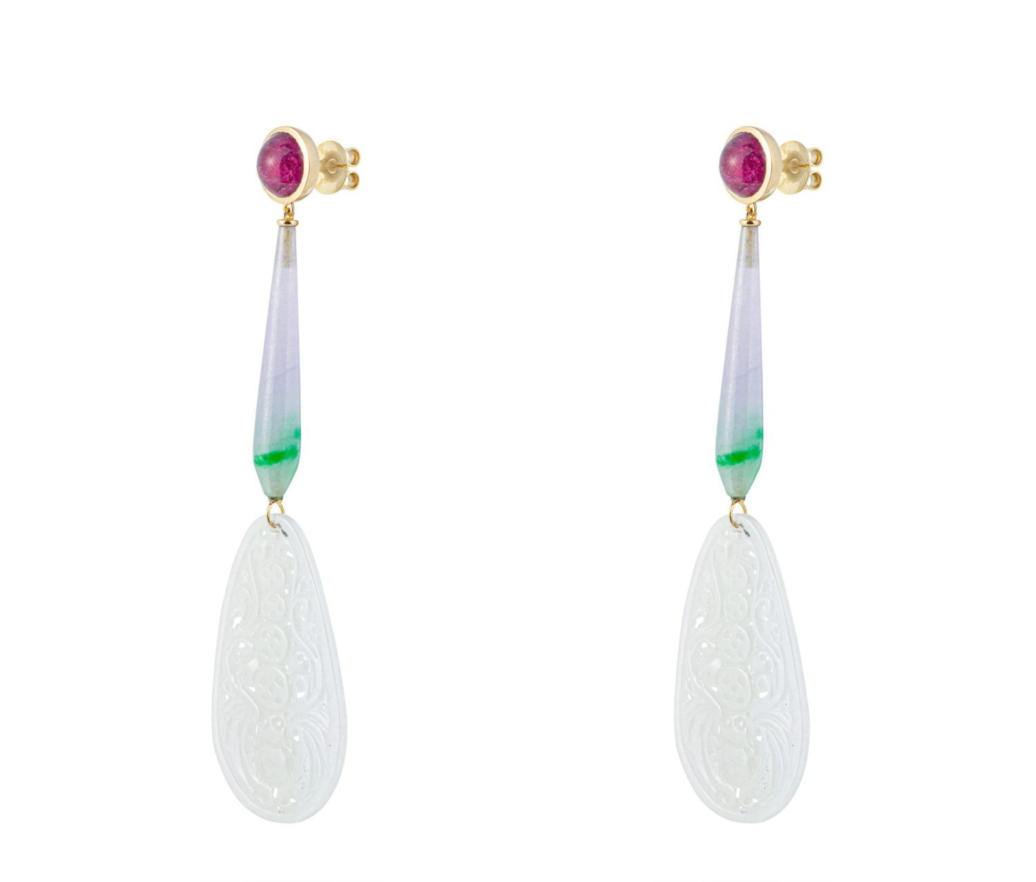 White, Green and Violet Jade and Rubellite Cabochon Earrings in Gold 18k image 0