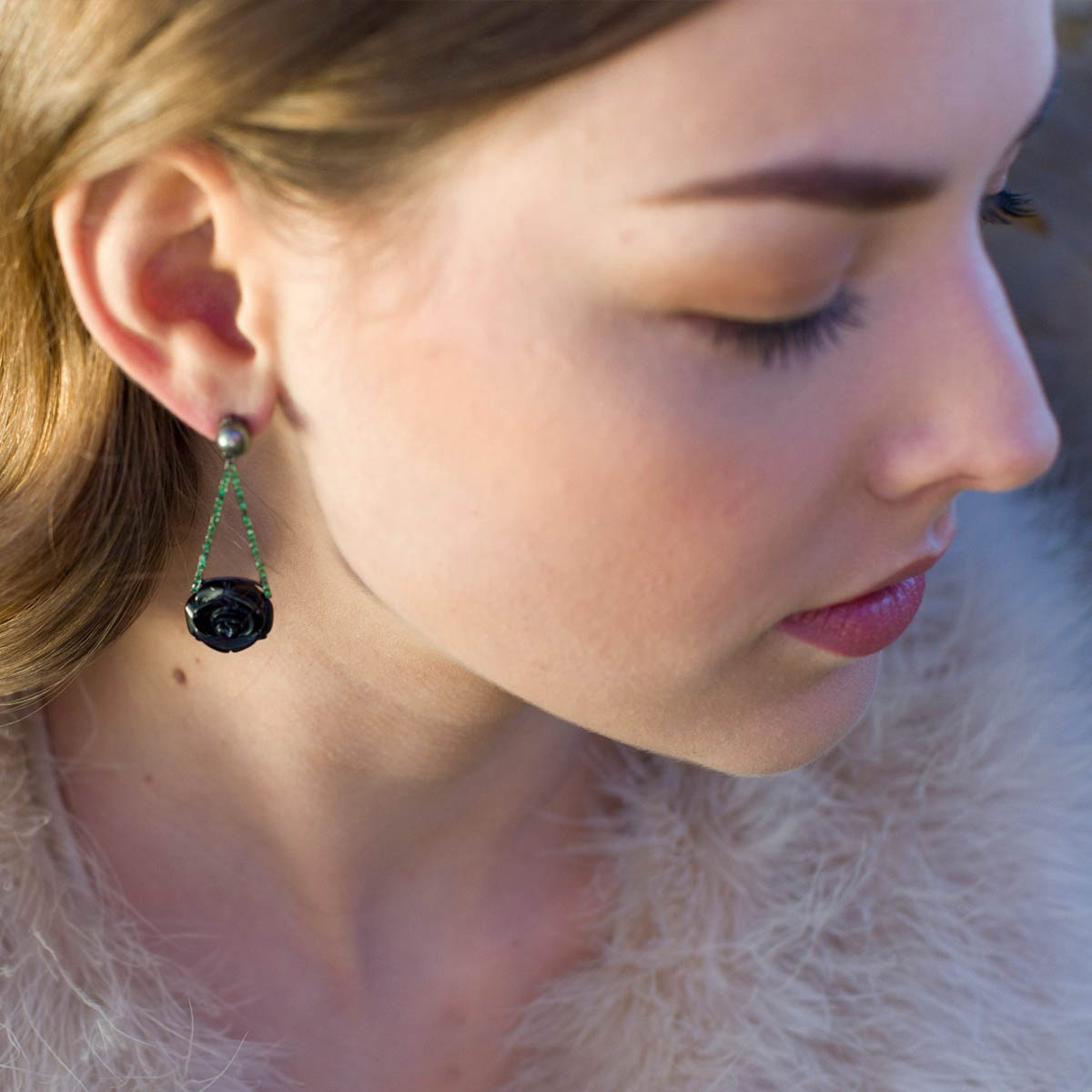 Onyx, Pearl & Tsavorite Rose Drop Earrings image 2