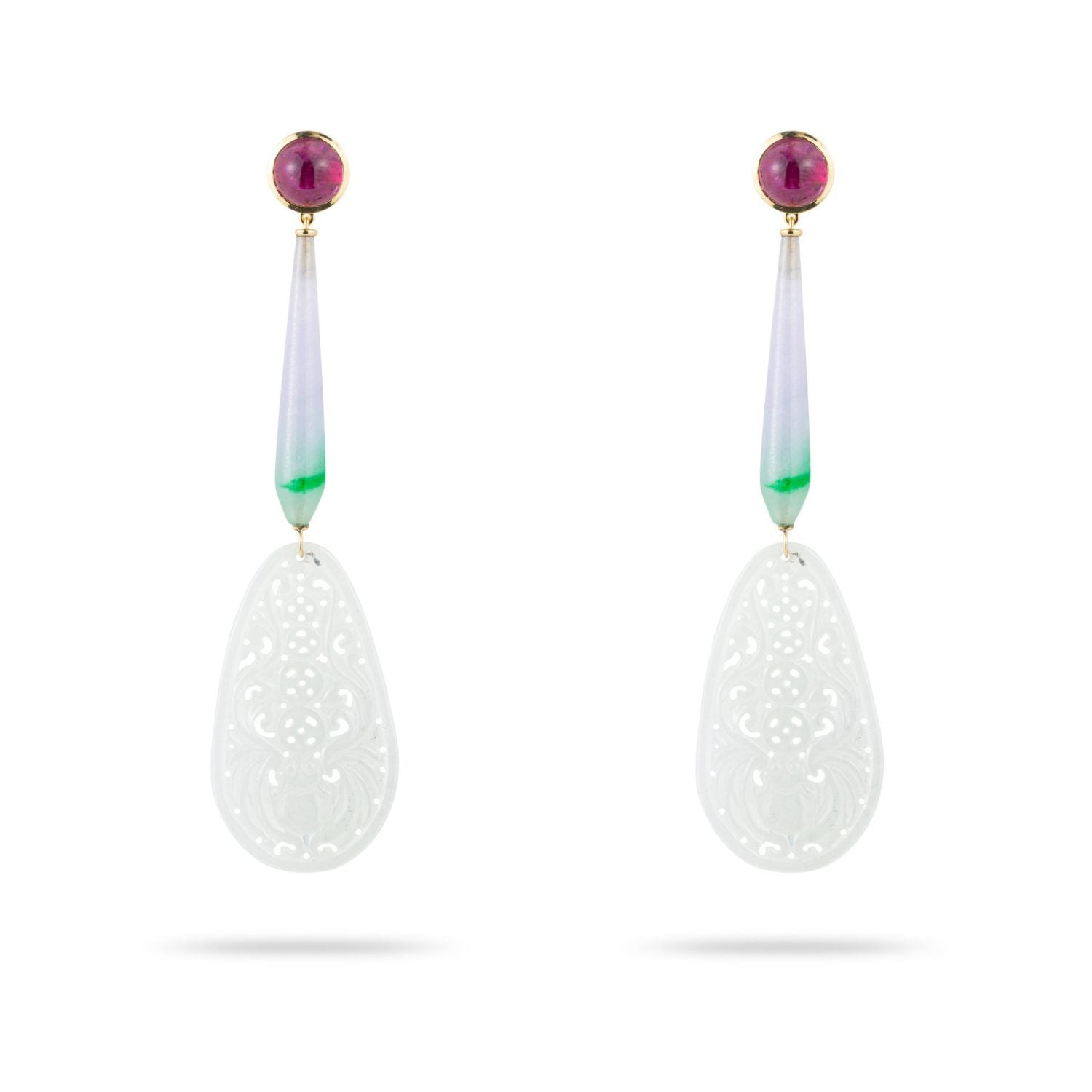 White, Green and Violet Jade and Rubellite Cabochon Earrings in Gold 18k image 1