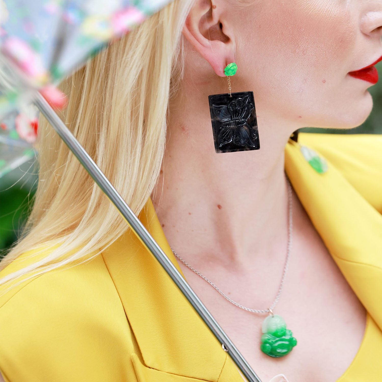 Black Jade and Malachite Earrings in Gold 18K image 1