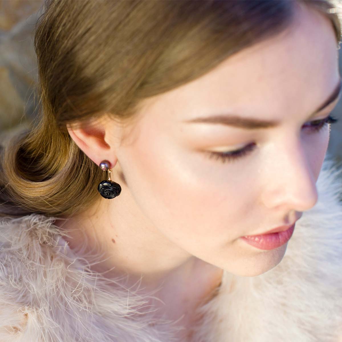 Onyx, Ruby and Pearl Rose Drop Earrings image 2