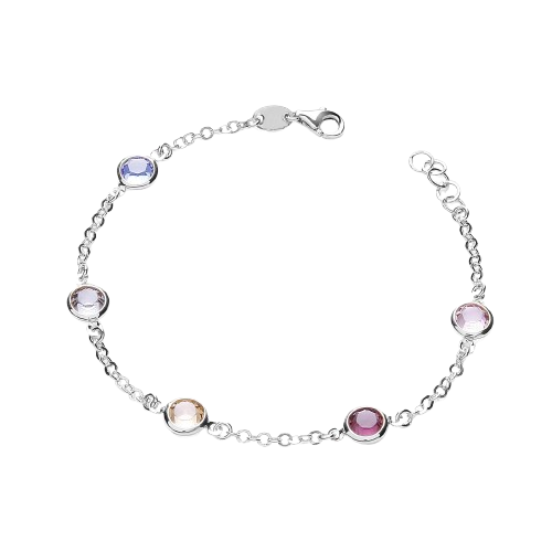 Silver 5 Multi Coloured Rubover Cz's 7"/19cm Bracelet