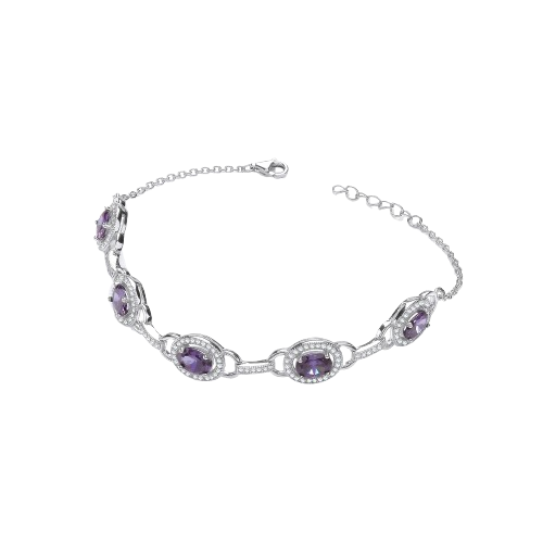 Amethyst & Clear CZs Halo Style Silver Bracelet