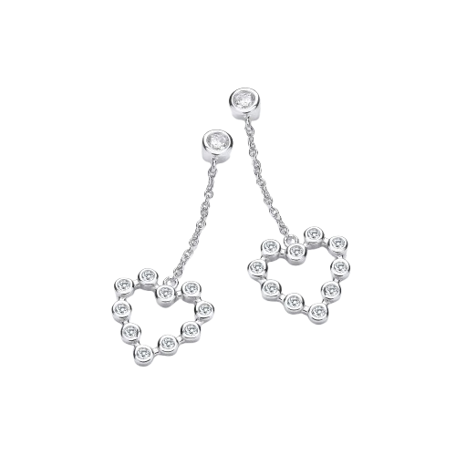Silver Heart Rubover CZs Chain Drop Earrings