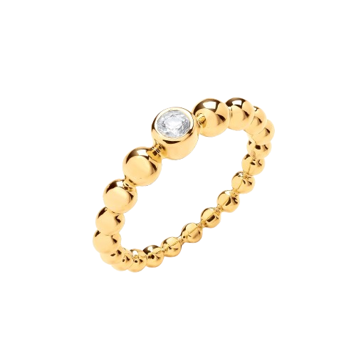 S/S CZ Beaded YG Plated Silver Ring