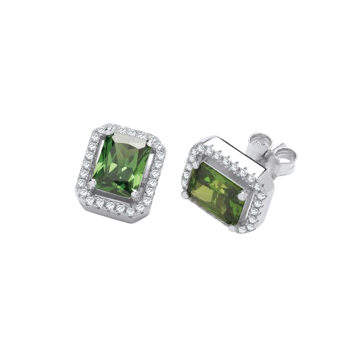 Silver Green CZs Halo Stud Earrings