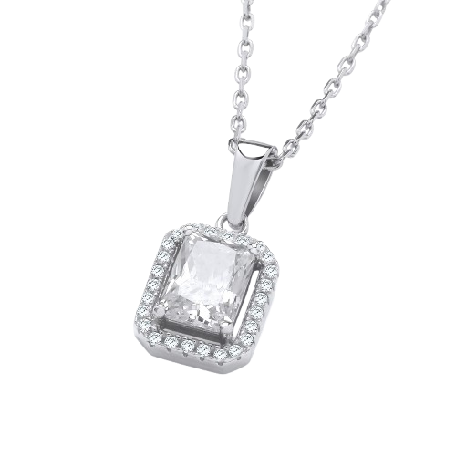 Silver Clear CZs Halo Stud Pendant with Chain