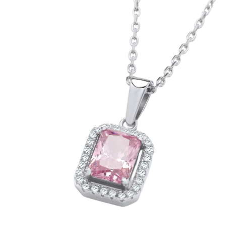 Silver Pink CZs Halo Stud Pendant with Chain