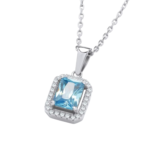 Silver Blue CZs Halo Stud Pendant with Chain