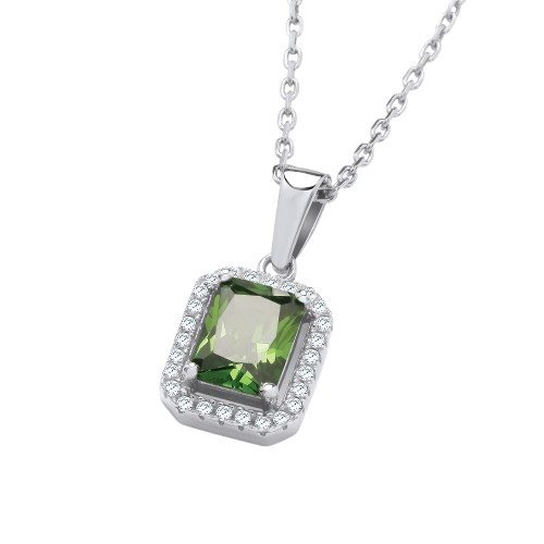 Silver Green CZs Halo Stud Pendant with Chain