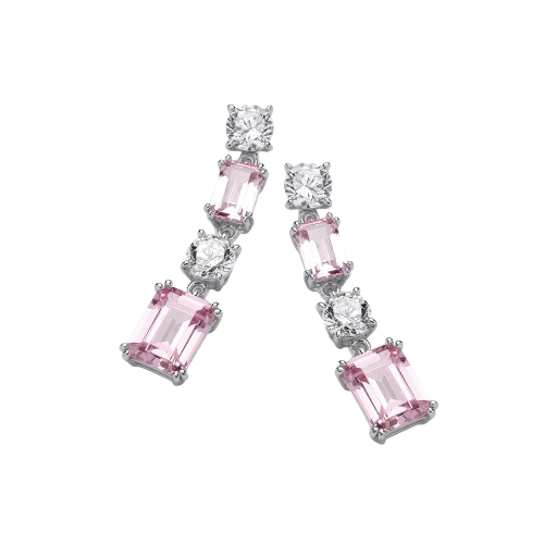 Pink & Clear CZs Silver Drop Earrings