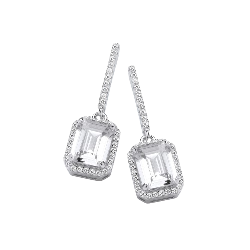 Emerald Cut CZ Halo Silver Drop Earrings