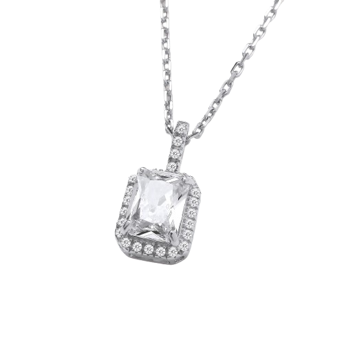 Emerald Cut CZ Halo Silver Pendant with Chain