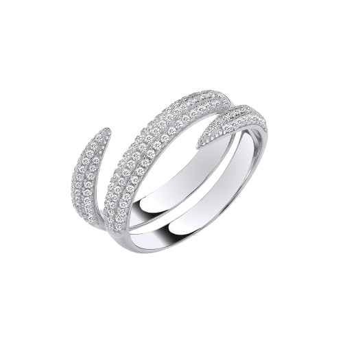 Cross-Over Two Bands CZs Silver Ring