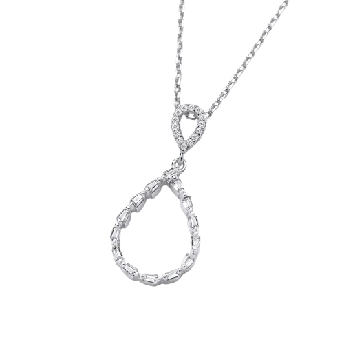 Teardrop Baguette CZs Silver Pendant with Chain