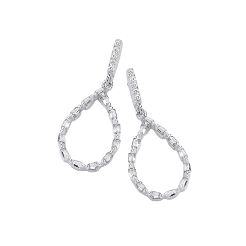 Teardrop Baguette CZs Silver Drop Earrings