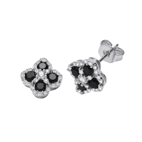 Black Four Leaf Clover Cz Stud Earrings